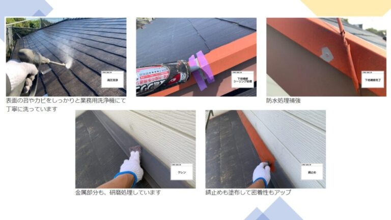 塗装の膜が非常に劣化してほとんど表面から剥離しています。もちろん防水性も無い状態で雨漏りの危険性が非常に危険でした。