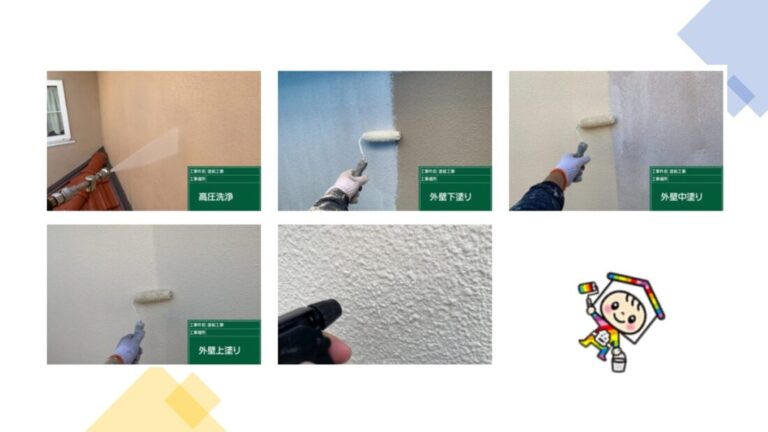外壁塗装工事の様子です。外壁は基本的に3回塗りをします。その後、霧吹きを使って耐性チェックを行います。