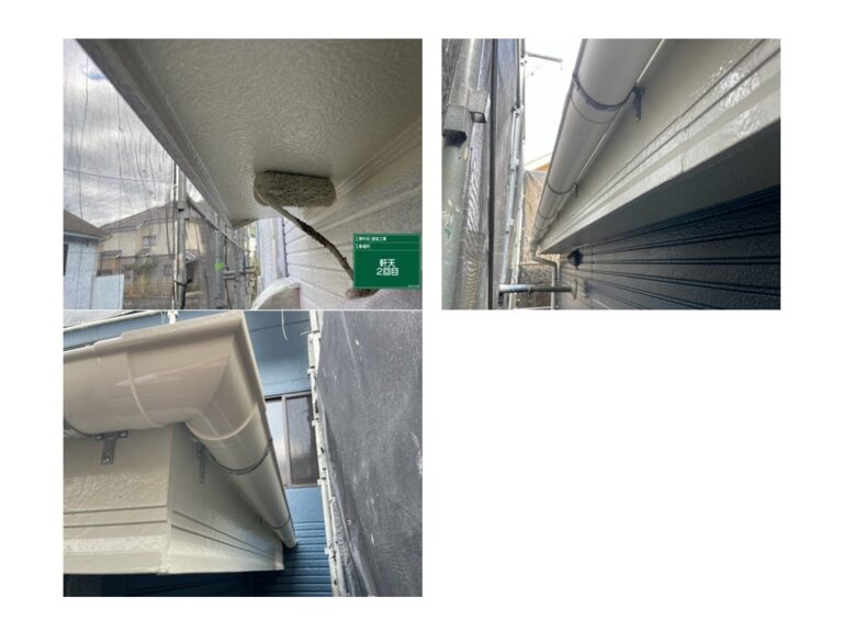 塗装は下地作りの研磨作業から重ね塗りまで丁寧に仕上げました。雨樋は交換し、雨樋自体の耐久性と美観が復活しました。