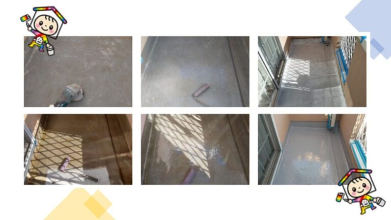 施工中の様子です。ケレン(下地調整)をしっかり行うことで、防水塗料の密着性をアップさせています。