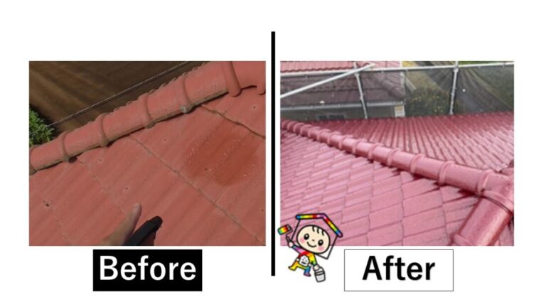 屋根のビフォーアフターです。同系色での塗り替えでしたが、アフター画像を見ると輝きがまったく違うのが分かりますね!