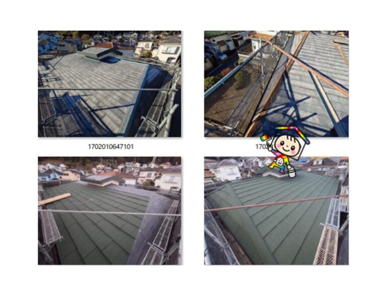 各所端部の細かい板金加工を施し、カバー材本体を設置、固定していき屋根上で一枚物の板の様に仕上がっていきます。これでひび割れしない屋根、雨漏りリスクが極端に少ない屋根になりました。もちろん強風でも極端に飛ばされ難く安心安全です。