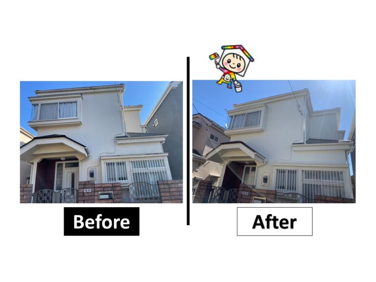 外壁塗装のビフォーアフターの写真です。同じ色味で塗装しており写真ではわかりにくいですが艶を取り戻し美しくなりました。
