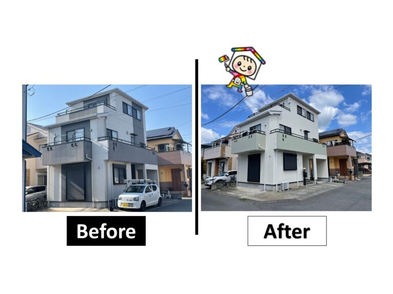 外壁塗装のビフォーアフターの写真です。明るい雰囲気になり耐久性も向上しました。