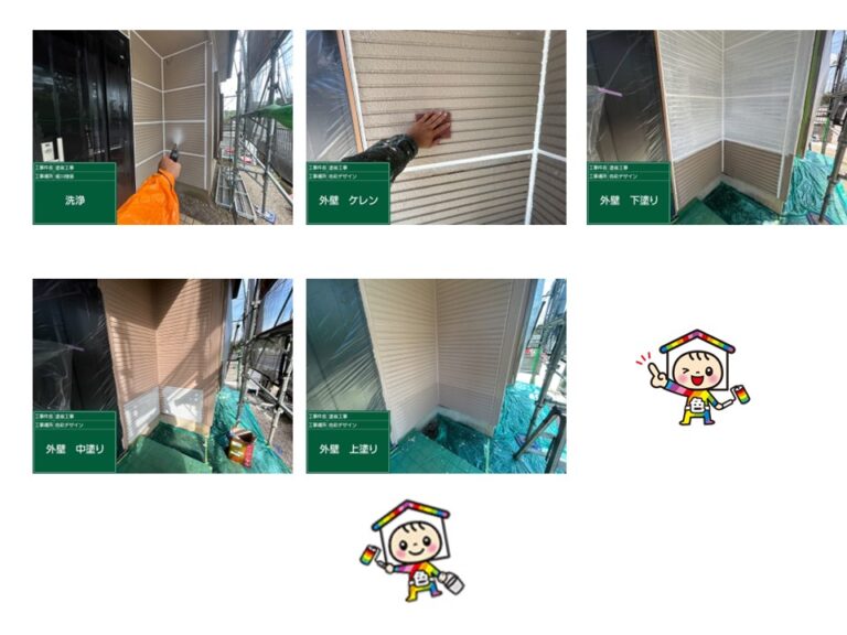 洗浄から下地作りと下塗り、乾燥時間を設けたメーカー基準塗装で3回塗りしました。