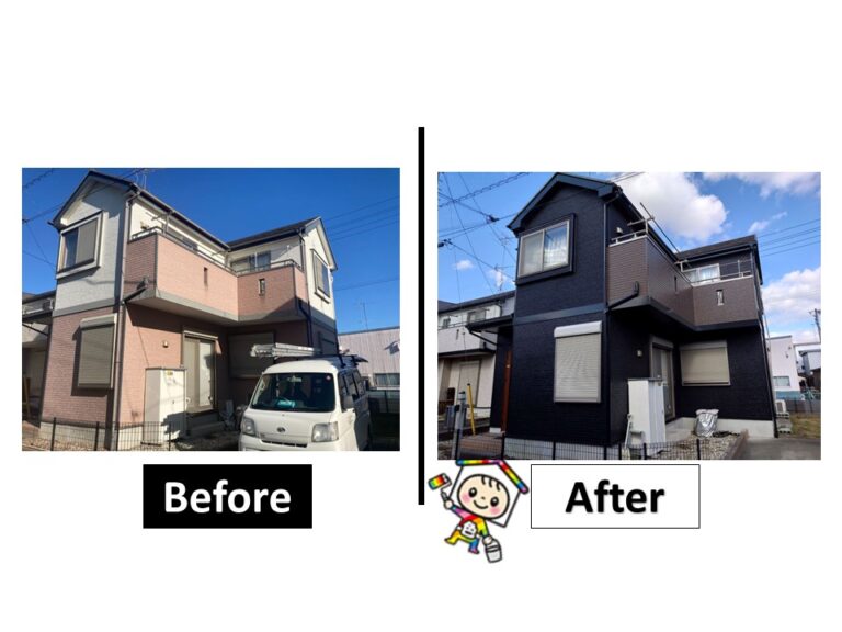 外壁塗装のビフォーアフターの写真です。耐久性も上がり家全体の印象を変え、美しくなりました。