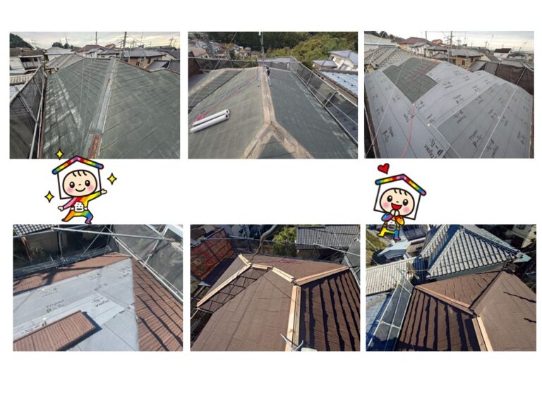 元の棟板金を撤去してから防水シート、瓦本体、棟板金と順番に工事していきます。