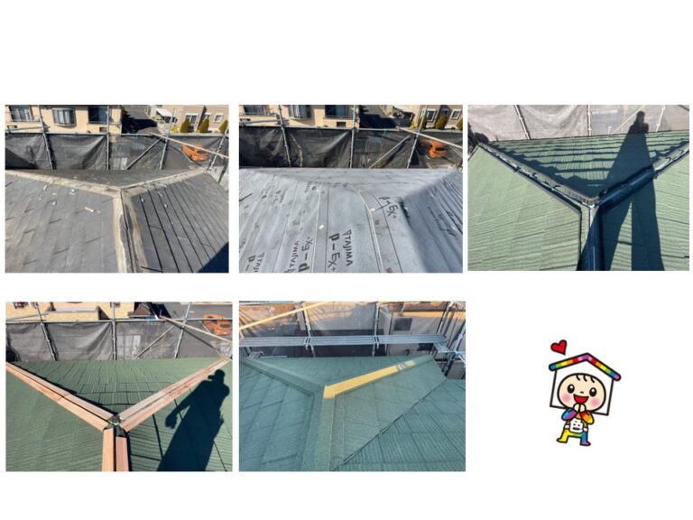 既存棟撤去をしてから新しい防水シート、屋根本体設置していきます。