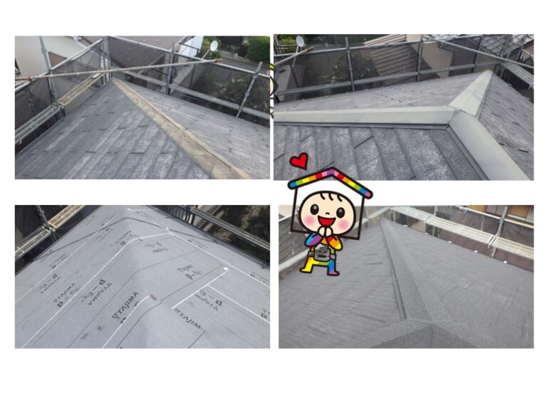 棟板金、貫板を撤去し、防水シートを敷いて屋根本体を載せていきます。