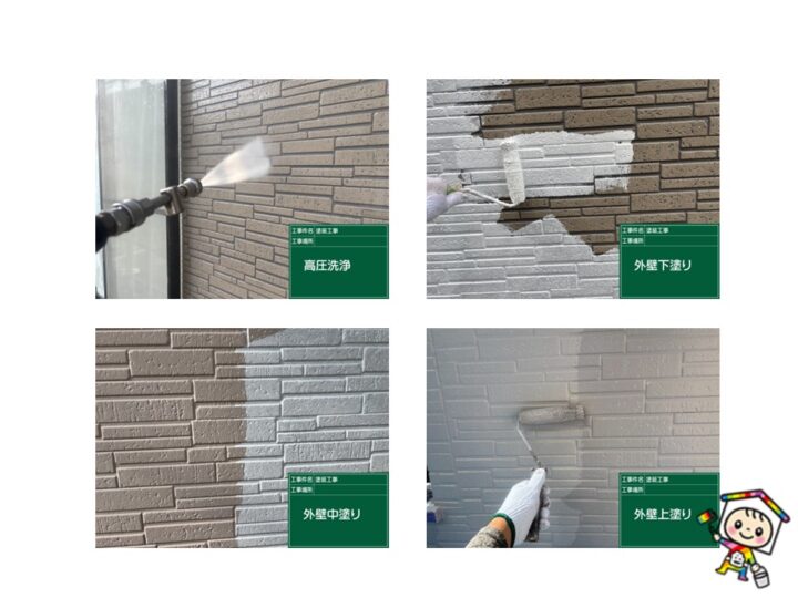高圧洗浄を丁寧に行い表面の埃、汚れをきれいにしてから丁寧に3回しっかり塗らせて頂きました