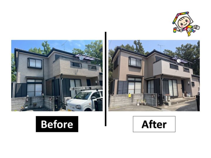 既存のシンプルな外観からイメージ変更しました。ベランダを中心にアクセントカラーが映える仕上がりとなりました。落ち着い雰